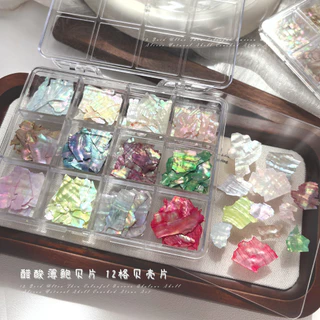 12ช่องอุปกรณ์ตกแต่งเล็บเปลือกหอยมุก เศษเปลือกหอยบางๆ สีสันสดใสจากธรรมชาติ