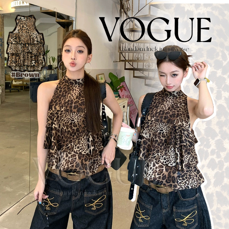 Vogue🌟พร้อมส่ง🌟 เสื้อกล้ามลายเสือ เท่มาก ผ้าพริ้วใส่สบายมาก น้ำตาลเข้ม (FY2963)