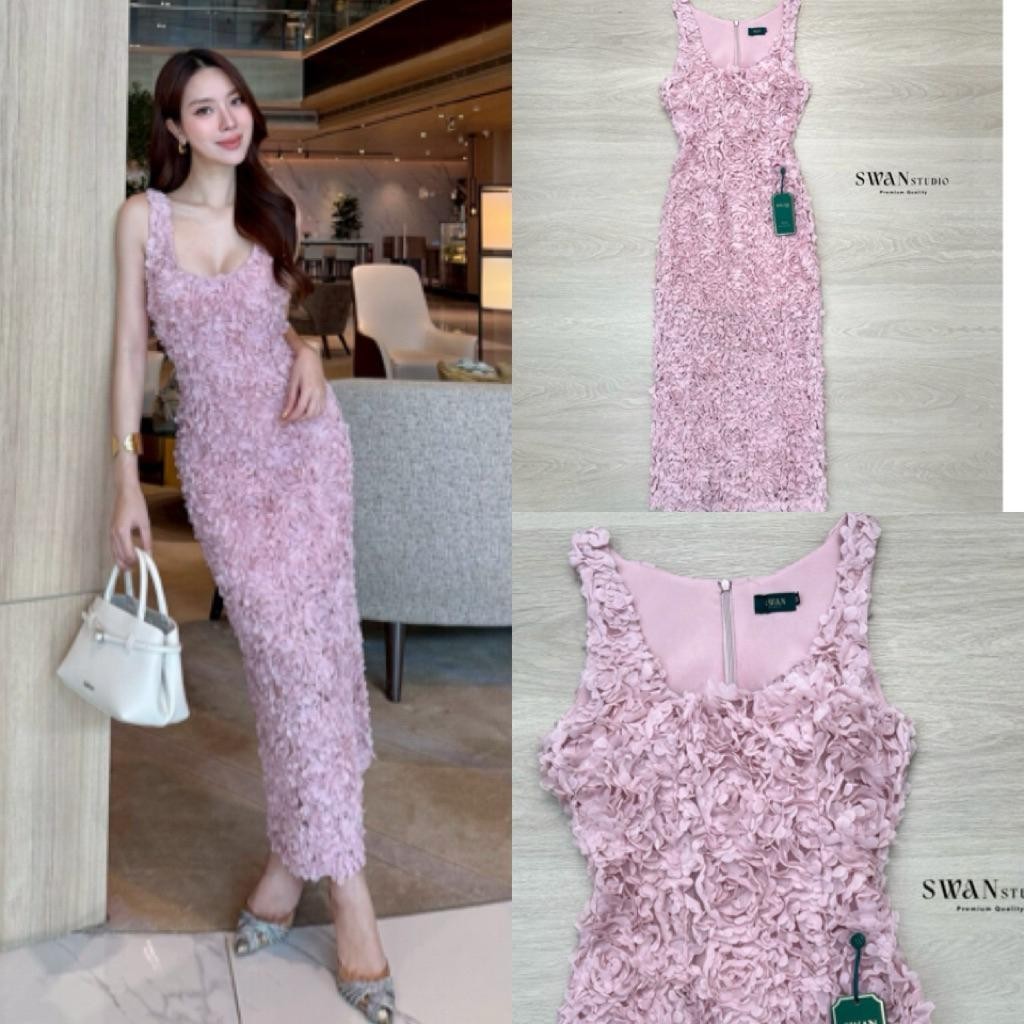 Shop_DD swan312 เดรสยาวสีชมพูทรงเข้า ตัดเย็บด้วยผ้าลูกไม้ปักลายดอก 3D ทั้งชุด DD