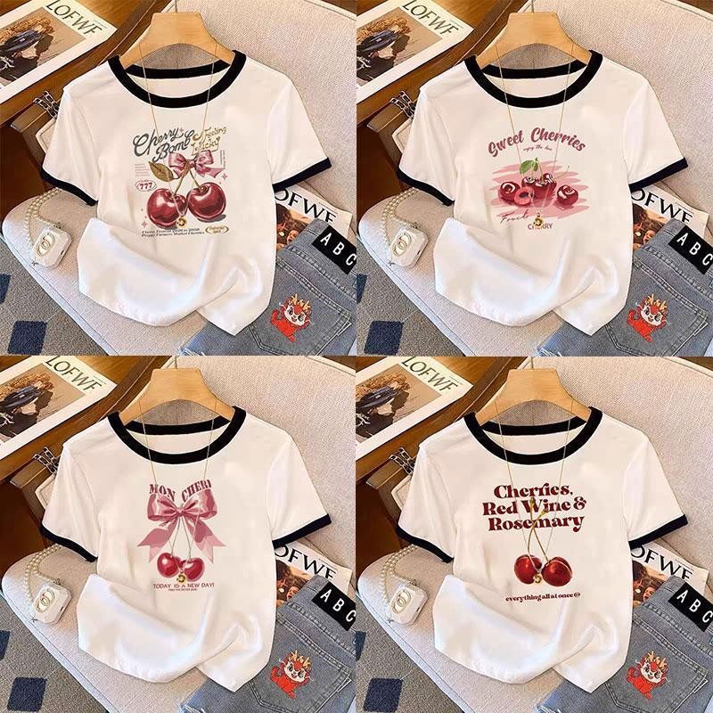 เสื้อยืดสวยๆผู้หญิง คอกลม แขนสั้น เสื้อยืดครอป มีหลายไซส์ให้เลือก พิมพ์ลายสาวฮอตสุดชิคเสื้อยืดแขนสั้น เสื้อลายเชอรี่ เสื