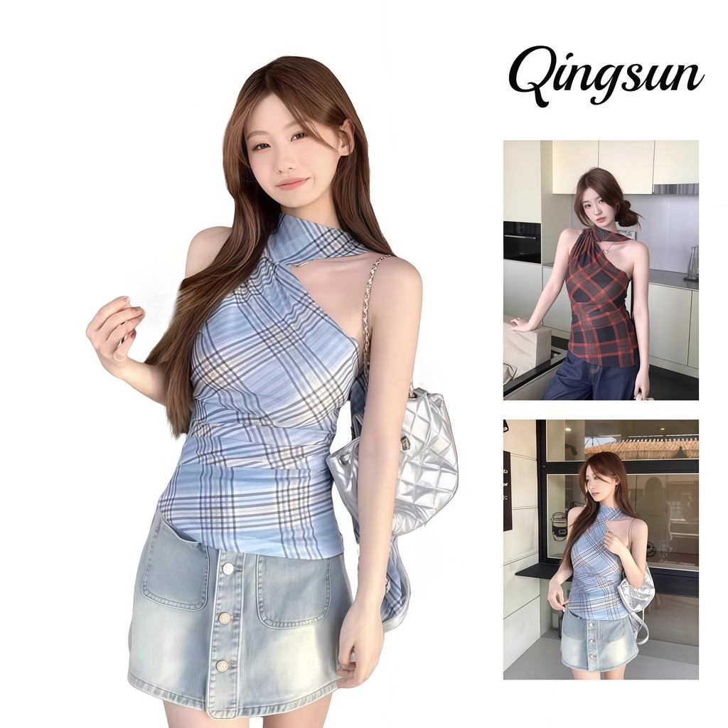 🌻Qingsun แขนกุด เสื้อซีทรูลายสก๊อคคอสูงดีเทลพันรอบคอ สไตล์สาวไม่เหมือนใครจึ้งๆเท่ห์ปึ้งๆ "56506"