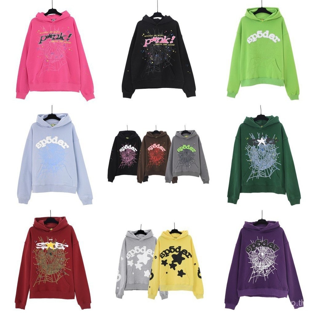 SP5DER Spider Web พิมพ์ Hoodie Street Web ขนาดใหญ่หลวมผู้ชายผู้หญิงสไตล์ Hooded Sweatshirt Set---คุณ
