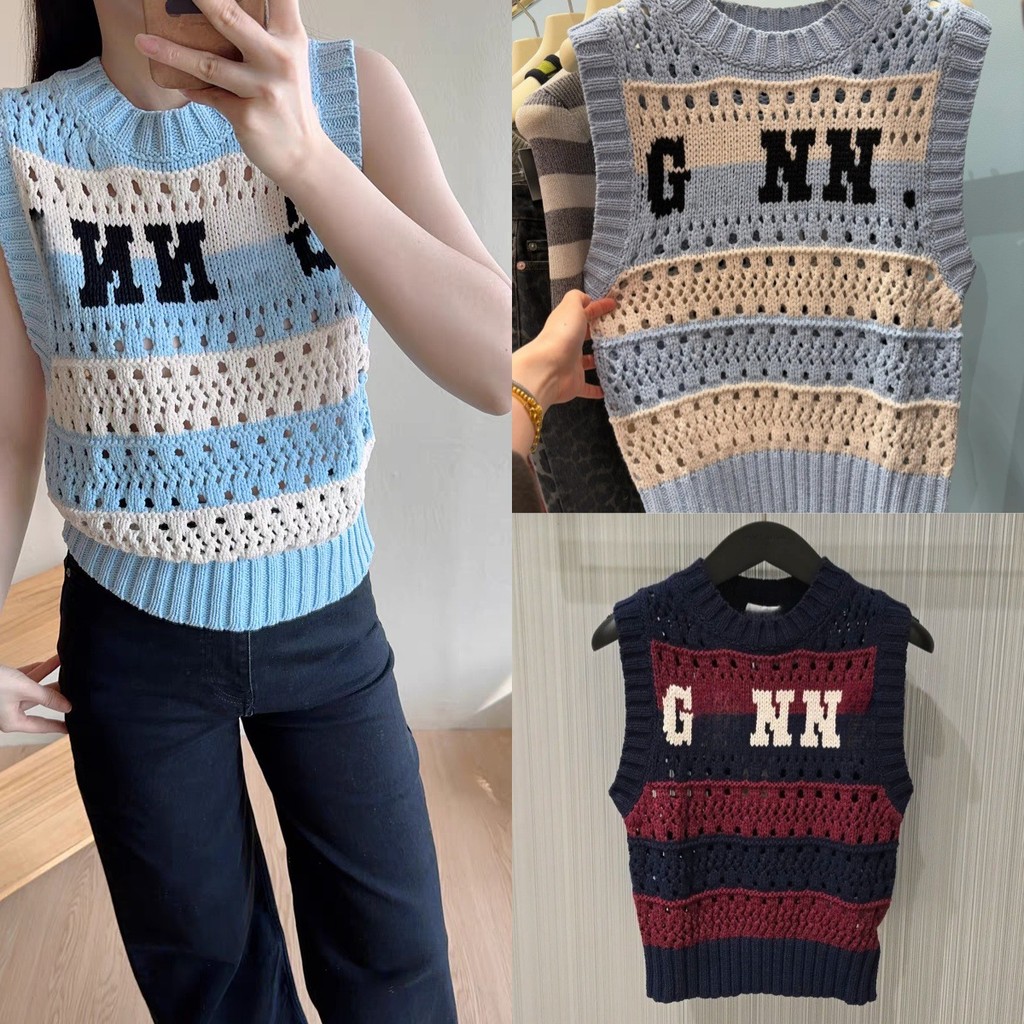 GANNI Early Autumn New Letters LOGO Round Neck Knitted Sweater Sleeveless Striped Vest