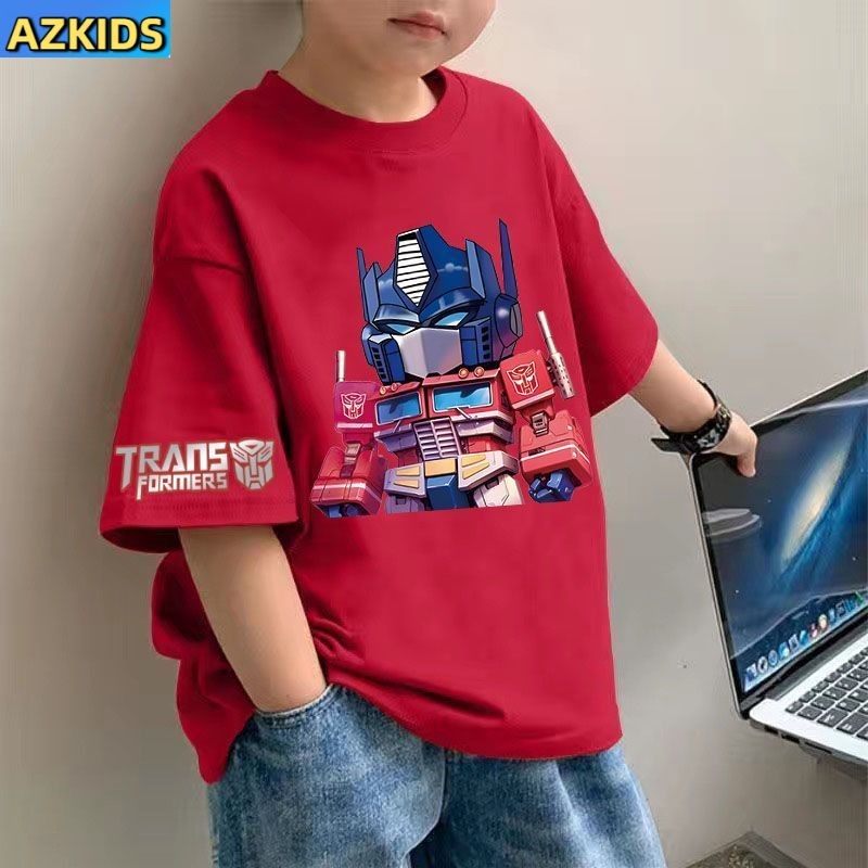 Transformers เสื้อยืดแขนสั้นลายการ์ตูนสำหรับเด็ก ทำจากผ้าฝ้าย สวมใส่ง่ายในฤดูร้อน