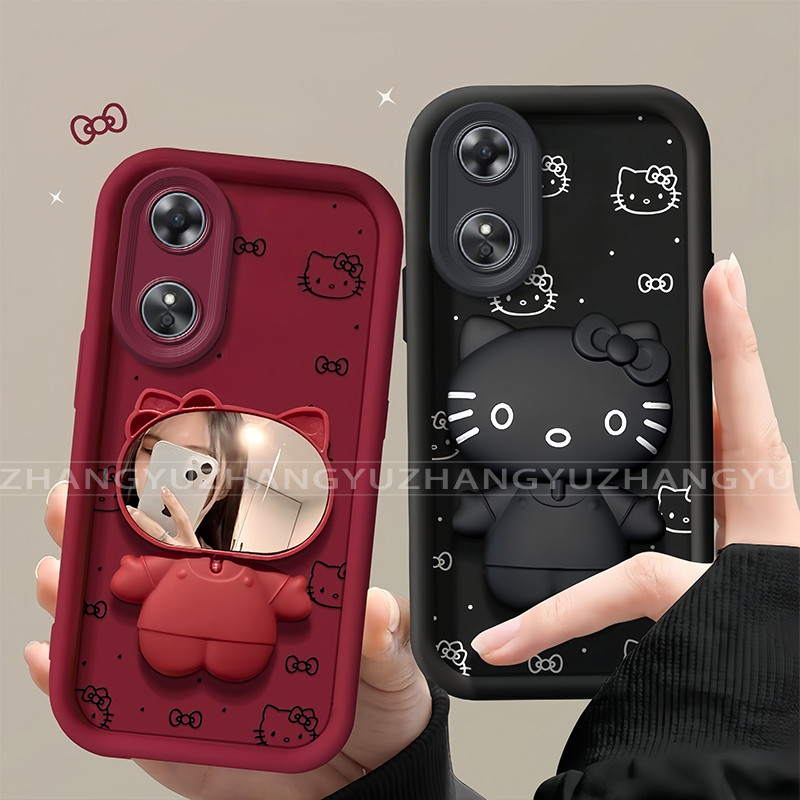 เหมาะสําหรับ OPPO A17 A17K A18 A38 4G a97 A98 5G เคสโทรศัพท์แมวแต่งหน้ากระจกผู้ถือ anti drop ถุงลมนิรภัยซิลิโคน TPU soft shell 020
