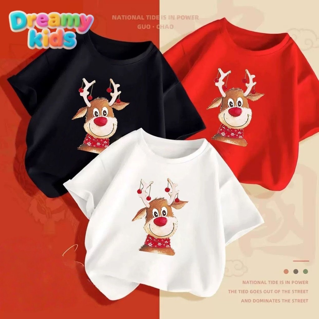 Dreamy Kids 🎄จัดส่งทันที🎄เสื้อยืดเด็กลายคริสต์มาสกวางซานต้าคลอสแขนสั้นสีแดงเสื้อยืดการ์ตูนเด็ก