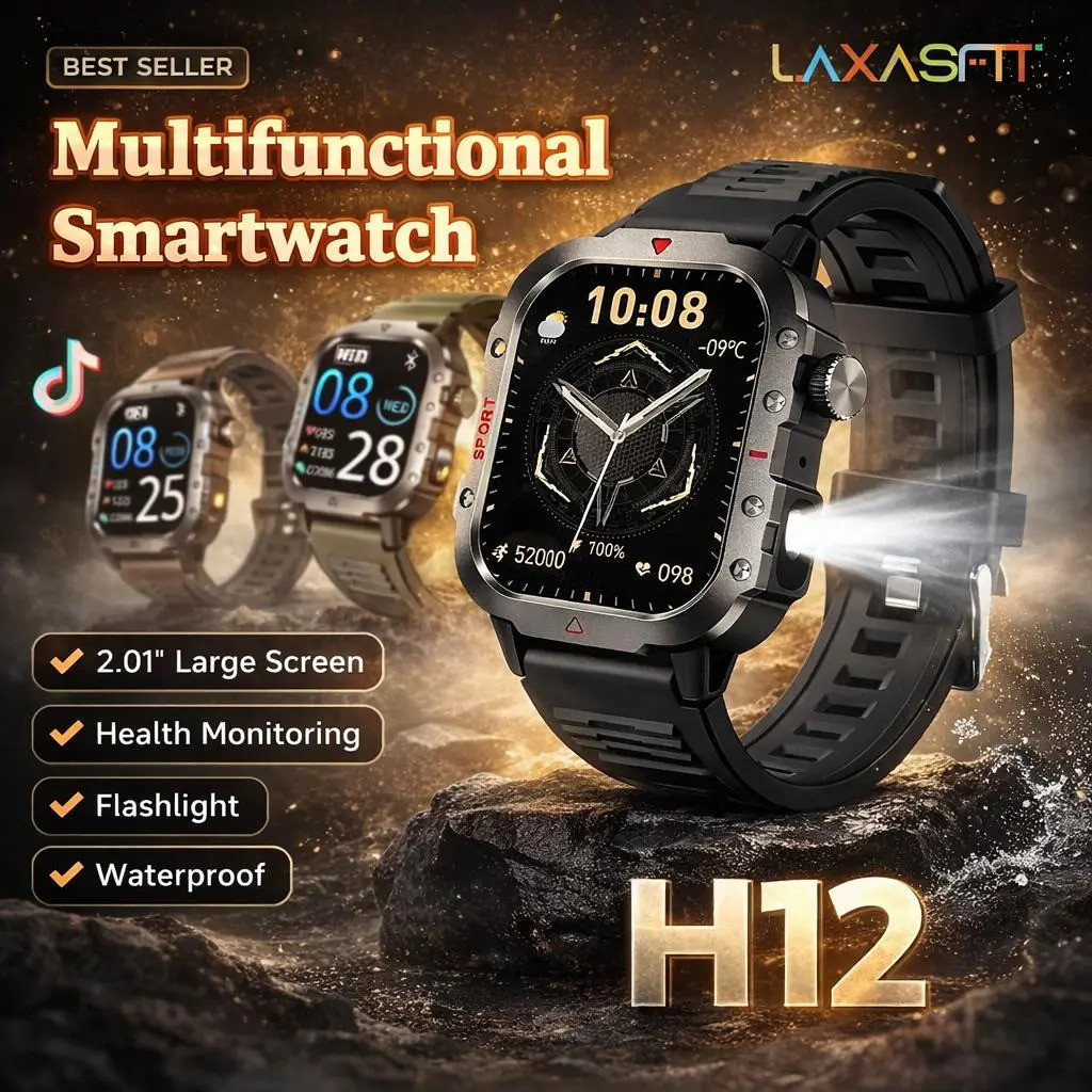 LAXASFIT H12 Smart watch นาฬิกาผู้ชายพร้อมไฟฉาย 2.01 นิ้วบลูทูธกลางแจ้งฟังก์ชั่นเต็มรูปแบบ h12 smart