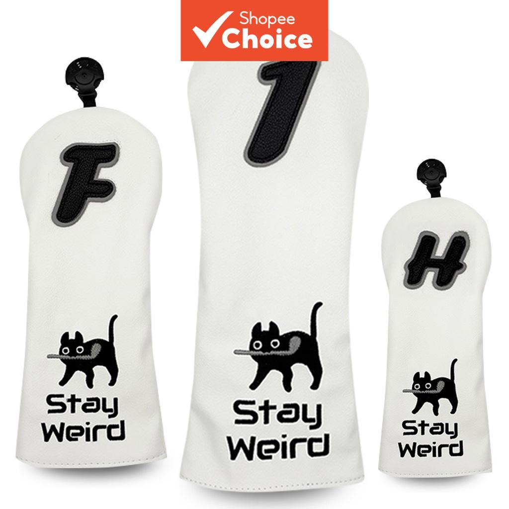 Simple Black White Cat เย็บปักถักร้อยหัวกอล์ฟฝาครอบ Soft Wrap Design Universal Fit Fresh Fun Golf อุปกรณ์เสริมกีฬา