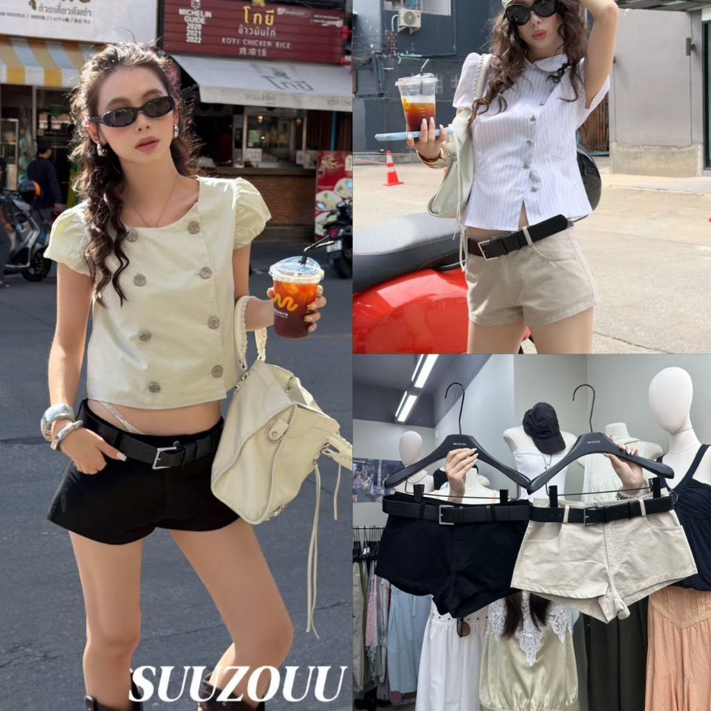 ❤ 🧵 🇰🇷 SU360 กางเกงขาสั้น ทรงเข้ารูป แต่งเข็มขัด สีสวย ทรงเบสิคใส่ง่าย แมทซ์ง่าย แฟชั่นเกาหลี TAG MM Fish ✈