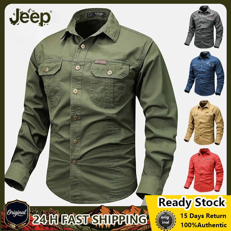 ผู้ชาย JEEP SPIRIT เสื้อเชิ้ตผ้าฝ้ายสีดําทหารแรงบันดาลใจลําลองแขนยาว M ถึง 6XL