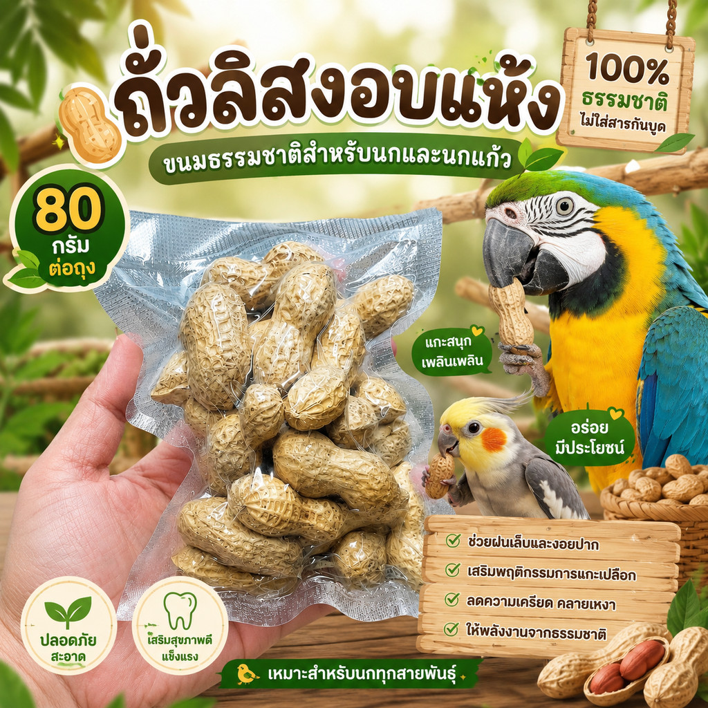 Parrot.thailand ถั่วลิสงอบแห้งสำหรับนก ขนมธรรมชาติ 100% ช่วยฝนงอยปาก บรรจุสูญญากาศ 80g
