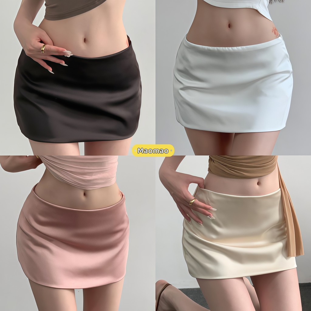Maomao พร้อมส่ง กระโปรงสั้น กระโปรงมินิผ้าซาตินเงางาม ทรงรัดพอดี ผ้าใส่สบาย -FY5152#1