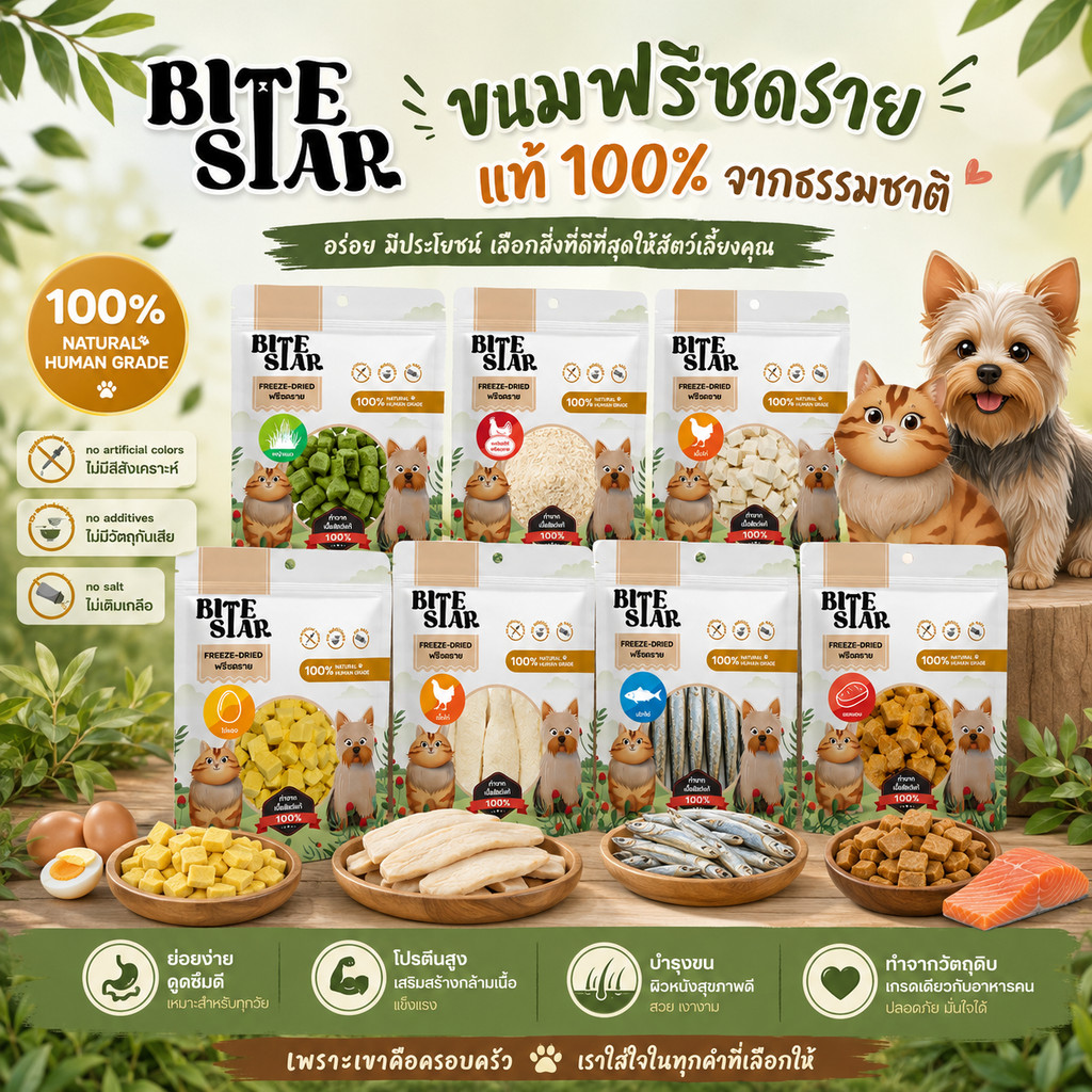 (40g) Bite Star Freeze Dried ขนมฟรีซดรายสำหรับสัตว์เลี้ยง เนื้อแท้100% ขนมแมวและสุนัข ทานง่าย หอมอร่อย