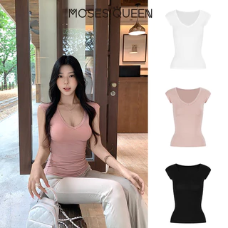 MOSESQUEEN โมเสสควีน เสื้อยืดแขนสั้นคอวีรูปหัวใจสําหรับผู้หญิงในช่วงฤดูร้อนแบบใหม่อเนกประสงค์เข้ารูปใส่แล้วดูผอมแขนสั้น #63740