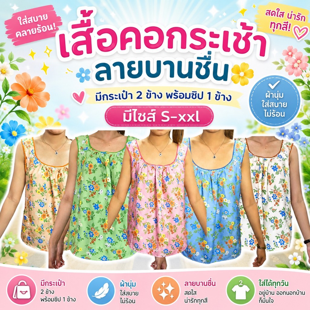 เสื้อคอกระเช้า ลายดอก แบบคอถัก ลายบานชื่น  ผ้าไมโคร มีกระเป๋า 2 ข้าง 1ข้างมีซิป ผ้านิ่มใส่สบาย ไม่หดน้ำ สีไม่ตก G01