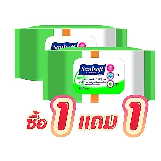 1 แถม 1 Sanisoft Antibacterial Wipes แซนนิซอฟท์ ผ้าเช็ดทำความสะอาดผิว สูตรแอนตี้แบคทีเรีย 30แผ่น/ห่อ