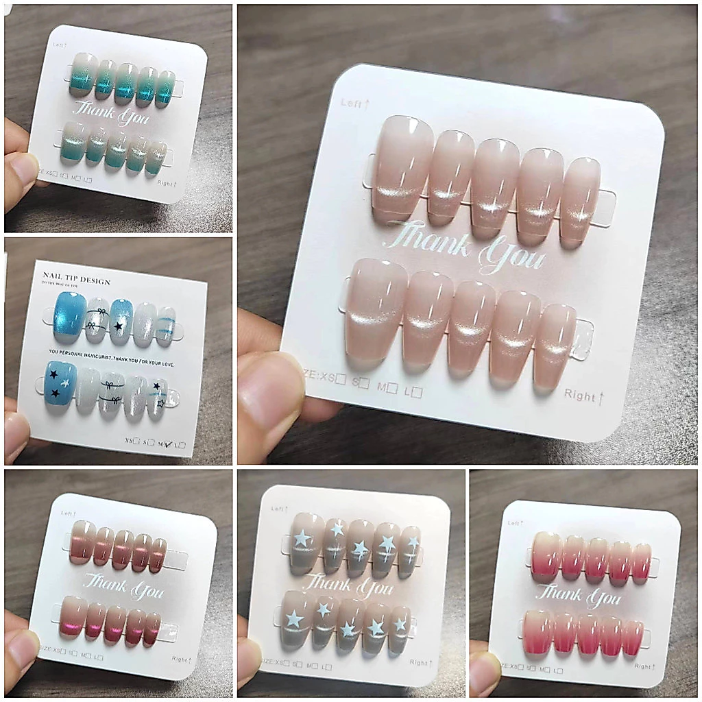 Handmade 10 ชิ้นยิ้ม Cat Eye Design เล็บปลอมพร้อม Jelly Gel