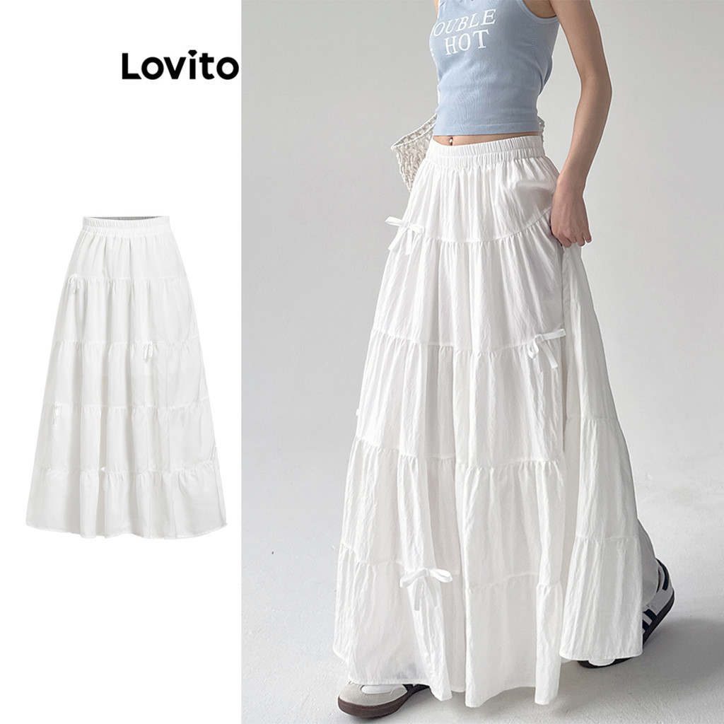 Lovito แคชชวล กระโปรงโรแมนติกกระโปรงโบว์ธรรมดา ลายไหลระบายรูดระบายกระโปรงสําหรับผู้หญิง L98AD095