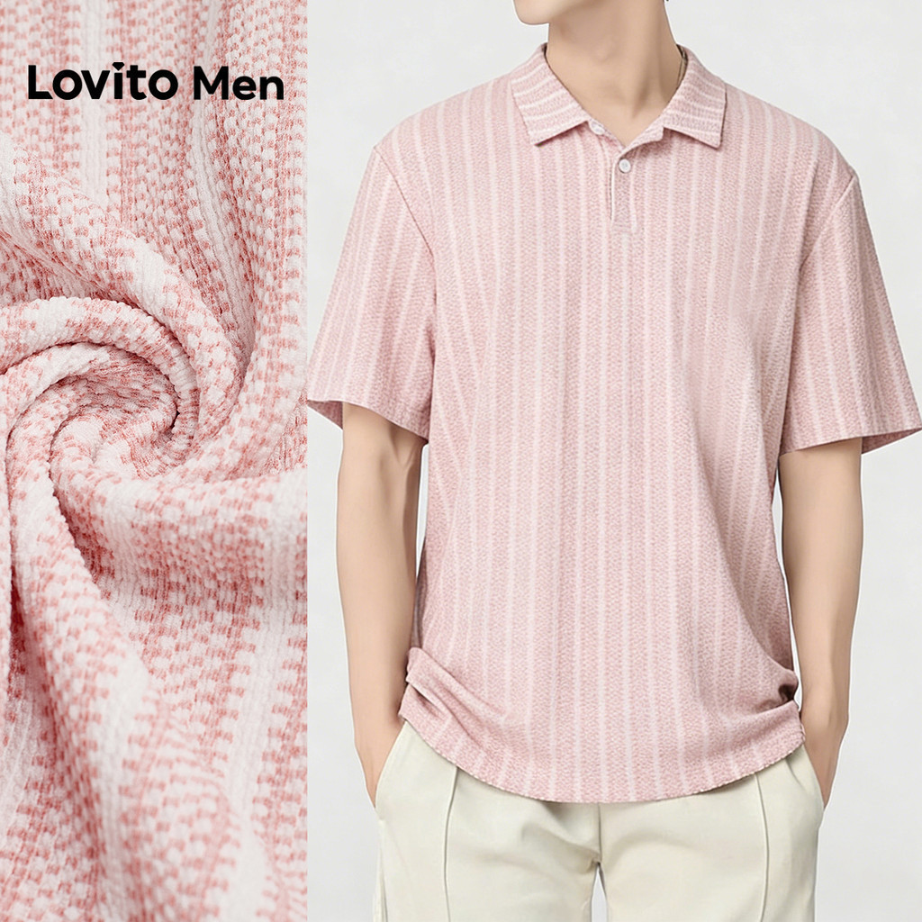 Lovito วันหยุด เสื้อโปโลผู้ชายแบบมีกระดุม สีชมพู สำหรับฤดูใบไม้ผลิ/ฤดูร้อน L175ED105