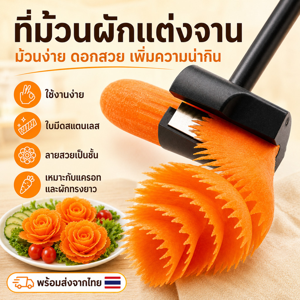 ที่ม้วนผักแต่งจาน เครื่องทำผักดอกไม้ มีดสไลซ์แครอท ใบมีดสแตนเลส ใช้งานง่าย