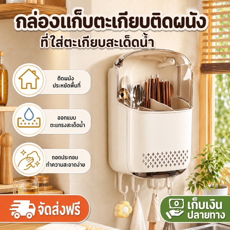 COD ตะกร้าตะเกียบ ติดผนัง ด้วยตะขอ ทนทาน ป้องกันความชื้น ระบายอากาศได้ดี อเนกประสงค์ กล่องเก็บช้อนส้อม