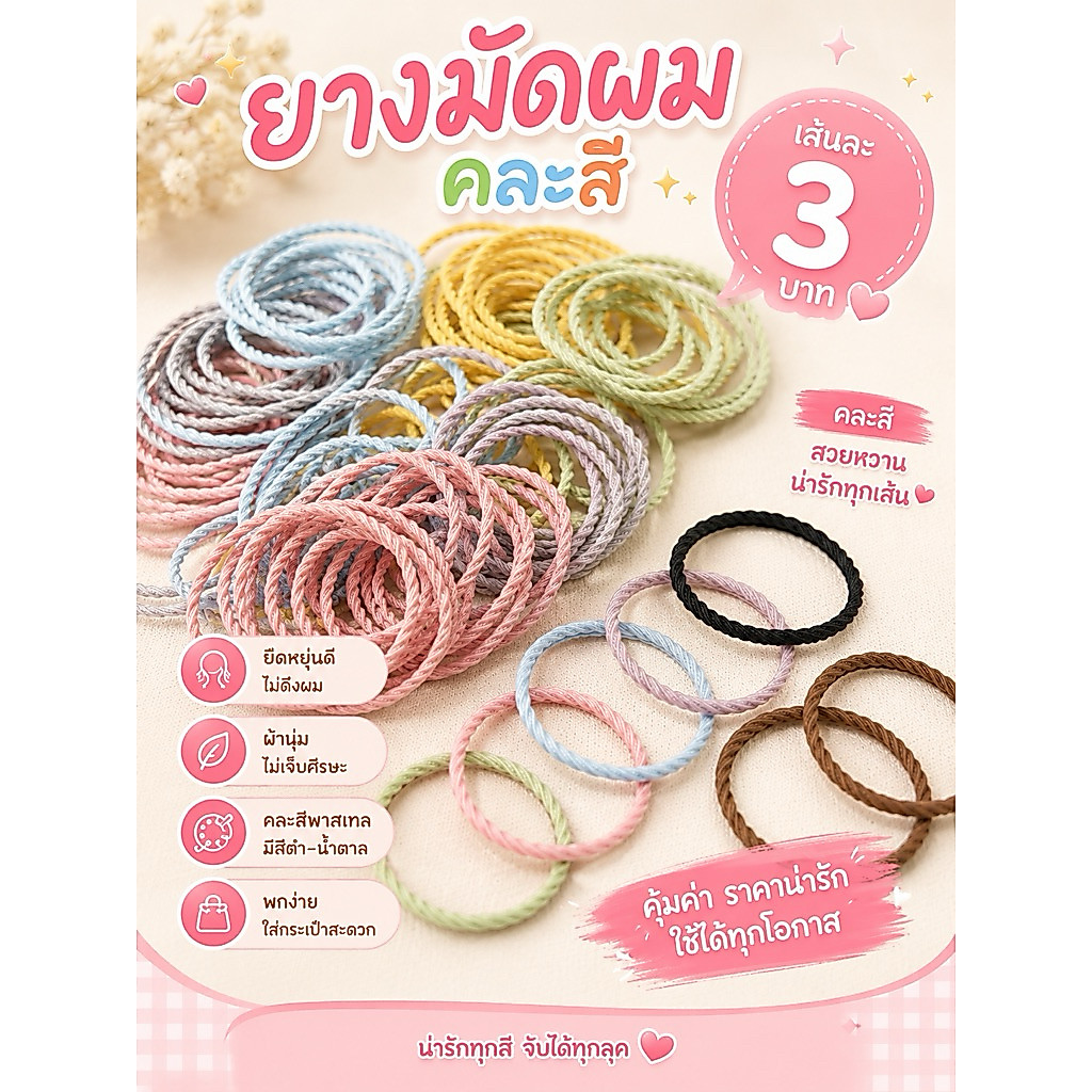 ยางมัดผมเชือกเกลียว สุ่มสี เส้นละ 3 บาท ⚡️ FLASH รหัส 001