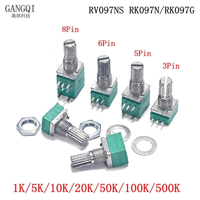 5pcs RV097NS 5K 10K 20K 50K 100K 500K พร้อมสวิตช์เสียงเพลา 15 มม.เครื่องขยายเสียงปิดผนึก Potentiomet