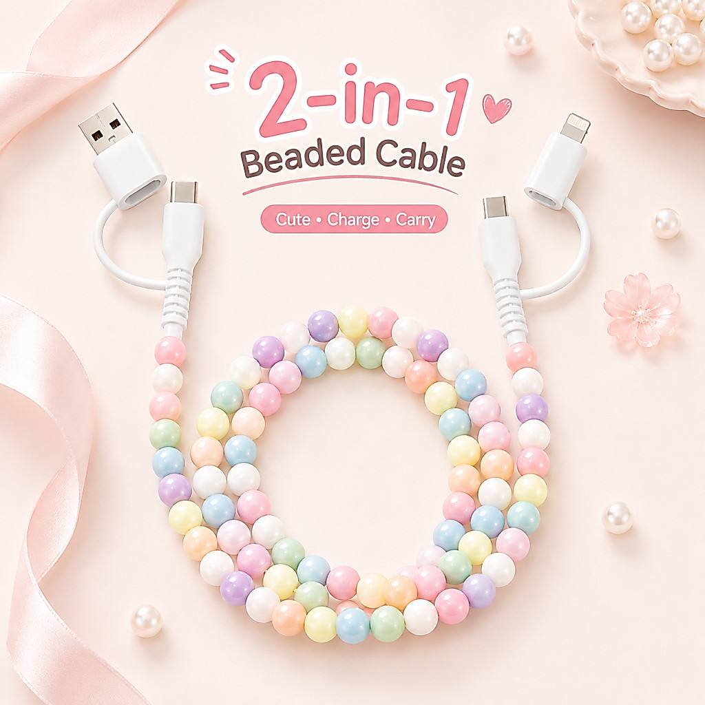 ใหม่น่ารักลูกปัดสายชาร์จ Type-C ถึง Type-C พร้อมอะแดปเตอร์ USB-A และอะแดปเตอร์ IP 2-in-1 Tangle-Free สายชาร์จโทรศัพท์สําหรับโทรศัพท์มือถือแท็บเล็ต Power Bank