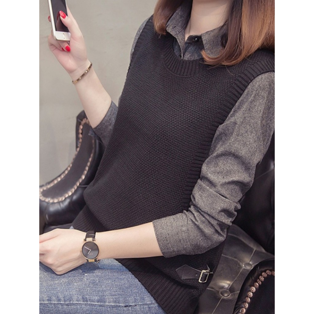 sweater set sculptor sweater เสื้อกั๊กปลอมสองชิ้นสำหรับคนอ้วน สไตล์โมเดิร์น แฟชั่น