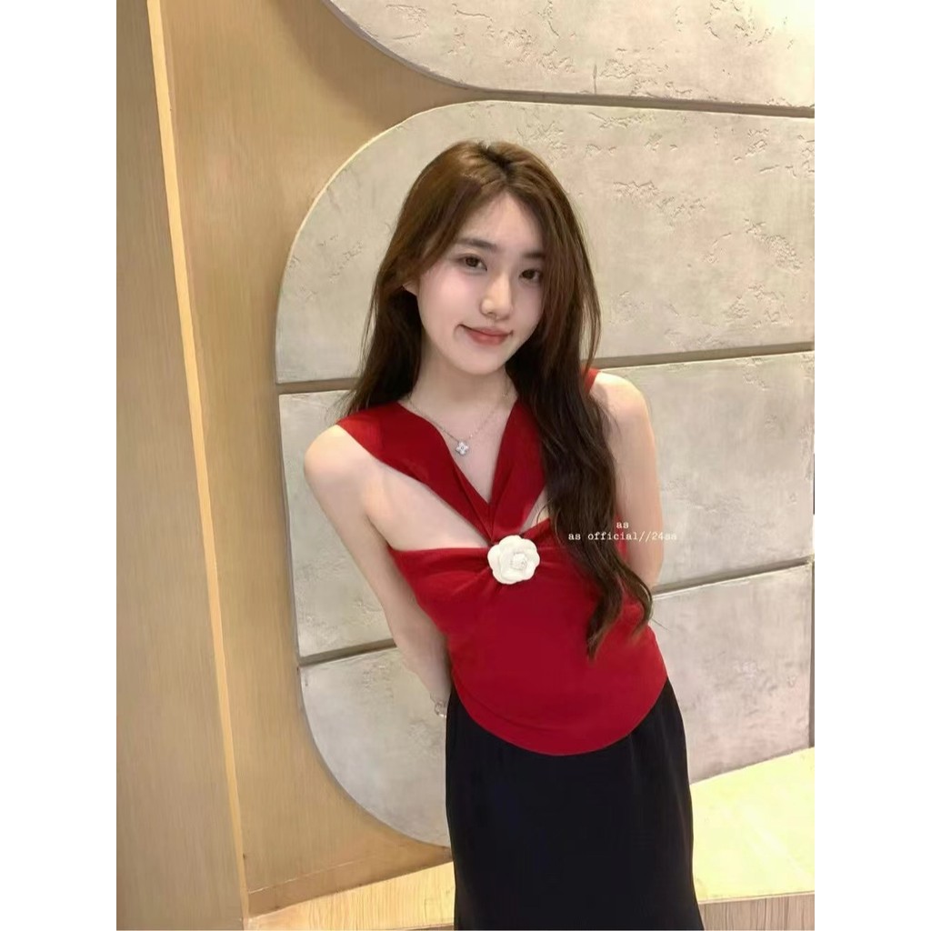 AS OFFICIAL Cross Halter คอ Camellia เสื้อกั๊กเสื้อขนาดเล็กเข็มกลัดสไตล์เข็มถัก NBR5