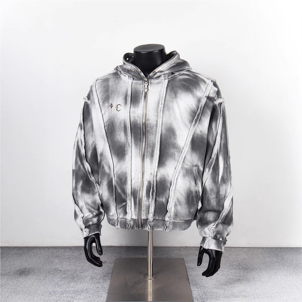 XE8W THUG CLUB Wasteland Style Spray Washed Loose Terry Zipper Sweatshirt Jacket Trendy