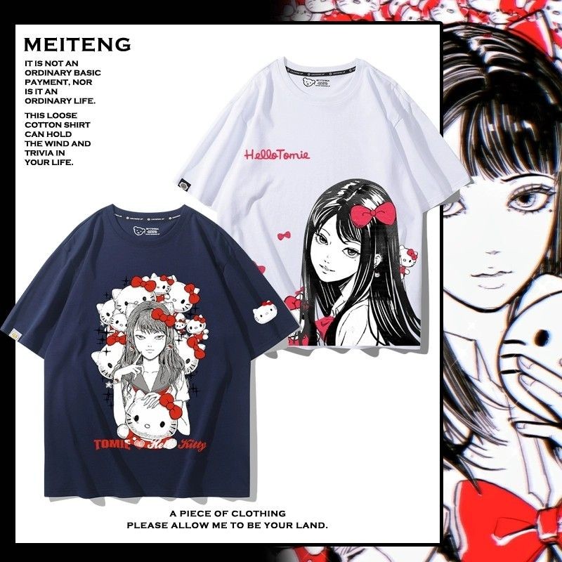 เสื้อยืดแขนสั้น Junji Ito Tomie x Hello Kitty สำหรับผู้ชายและผู้หญิง ออกแบบน่ารัก แต่งตัวได้หลากหลาย