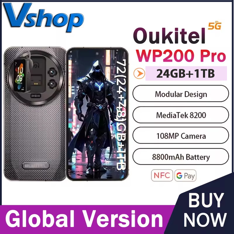 Oukitel WP200 Pro 5G โทรศัพท์ที่ทนทาน Modular Design ที่ถอดออกได้หูฟังนาฬิกา 24GB + 1TB 6.7 "Android