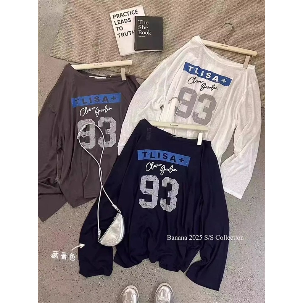 【WJZ】เสื้อยืดแขนยาวเปิดไหล่ผ้าคอตตอนพิมพ์ลายดิจิตอลหลวมๆ สำหรับผู้หญิงเกาหลี【PDD77】