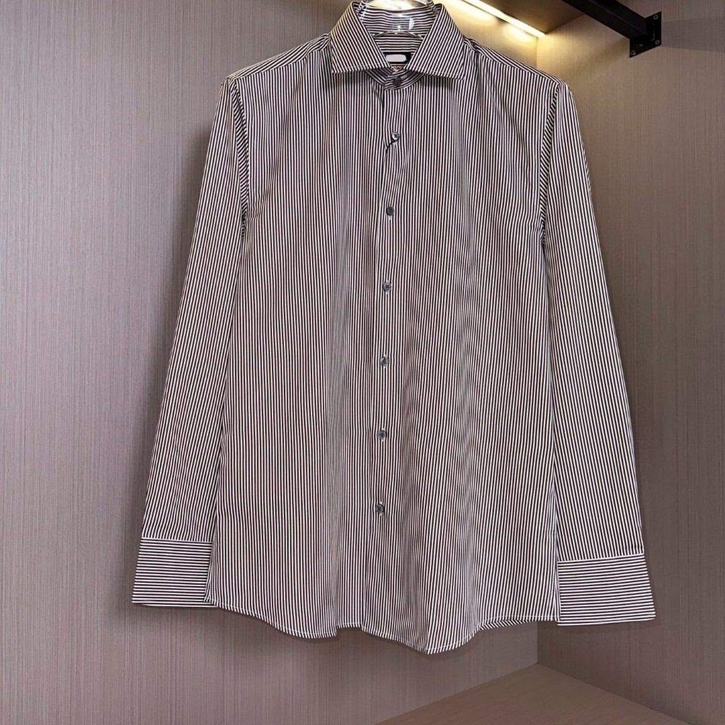 NEXP Zegna 200Plus Size Men's American Retro Brown Striped Shirt Loose Fit Business Casual Shirt