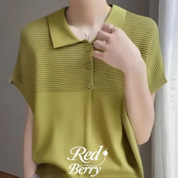 Red Berryเสื้อยืดคอกลมแขนสั้นคอโปโลฤดูร้อนสำหรับผู้หญิง คอตุ๊กตาหลวม แขนไหล่ตก สไตล์บาง 88015