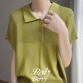 Red Berryเสื้อยืดคอกลมแขนสั้นคอโปโลฤดูร้อนสำหรับผู้หญิง คอตุ๊กตาหลวม แขนไหล่ตก สไตล์บาง 88015
