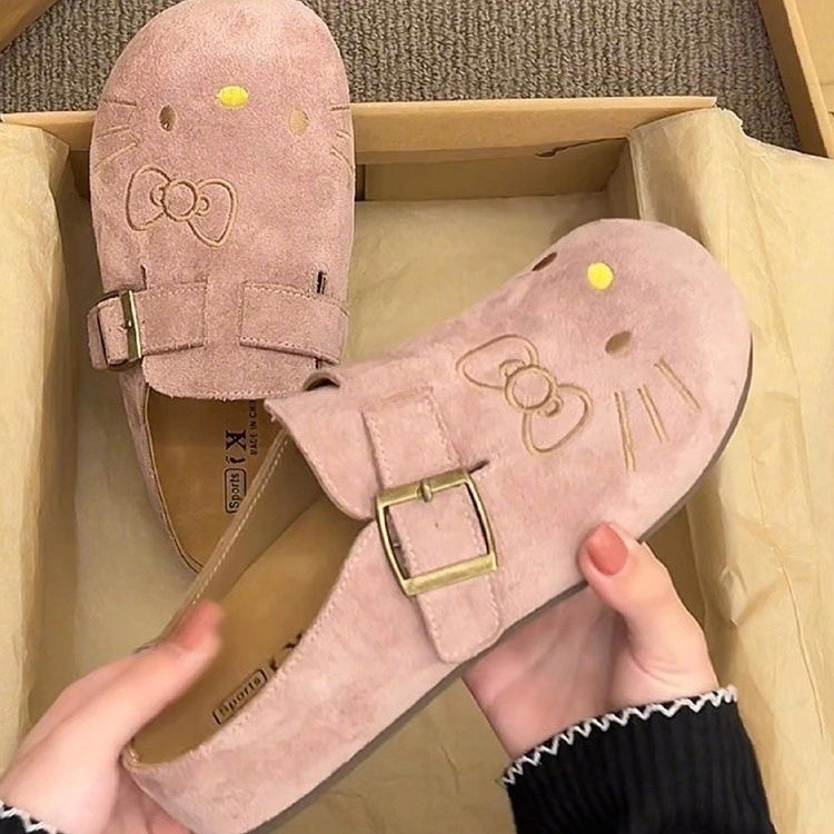 Spring thick-soled lazy person's Boken retro slippers and single shoes可爱卡通凯蒂猫厚底包头半拖鞋女外穿2025懒人勃肯拖鞋子25