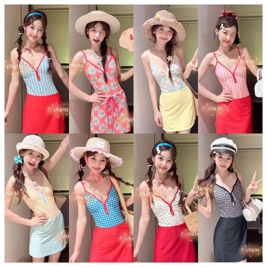 Hot.Bikini ชุดว่ายน้ำวันพีช ชุดว่ายน้ำกระโปรง ลายสก็อตย้อนยุค  พร้อมฟองน้ำ แฟชั่นเกาหลี เซตทะเล ส่งไวจากไทย