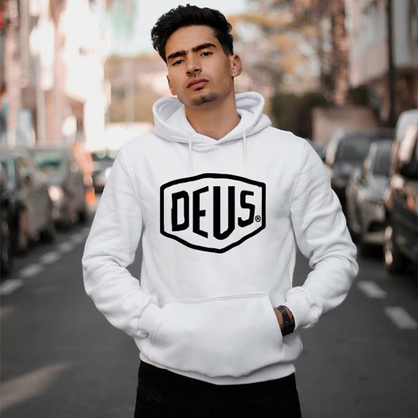 Casual White Hoodie Deus Hoodie ผ้าฝ้ายแท้ Casual Unisex
