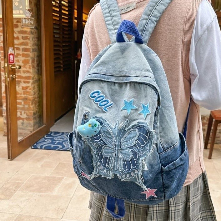 Ins Gradient Denim กระเป๋านักเรียน, Tie-Dye ล้าง Denim กระเป๋าเป้สะพายหลัง, Blue Butterfly Star กระเ
