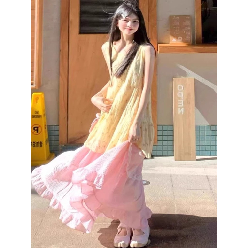 สูททูพีซ dopamine สีคอนทราสต์ เสื้อแขนกุดและกระโปรงทรงหลวมIW4P