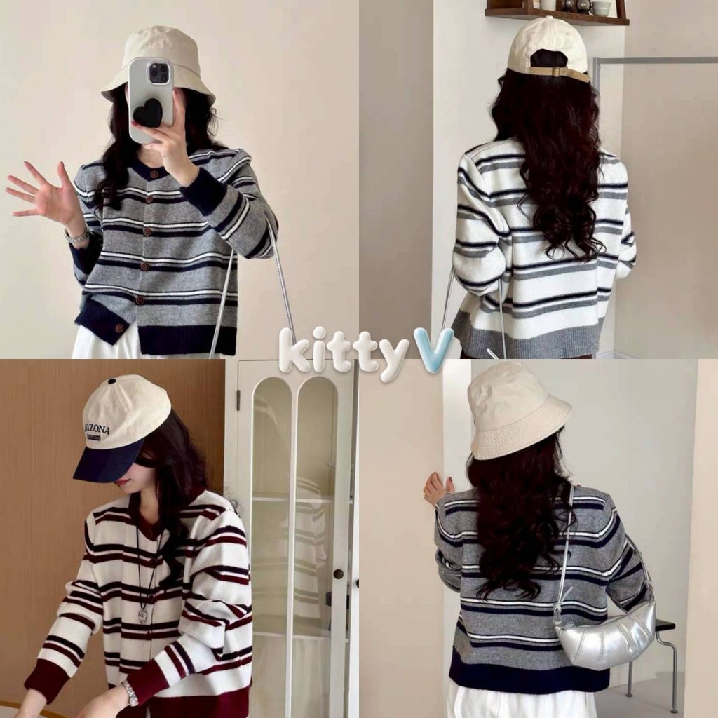 kitty.vogue พร้อมส่ง เสื้อแขนยาว คาร์ดิแกนไหมพรมมินิมอลสไตล์ คอกลม ดีเทลแต่งลายทางสีพื้น -W-K086