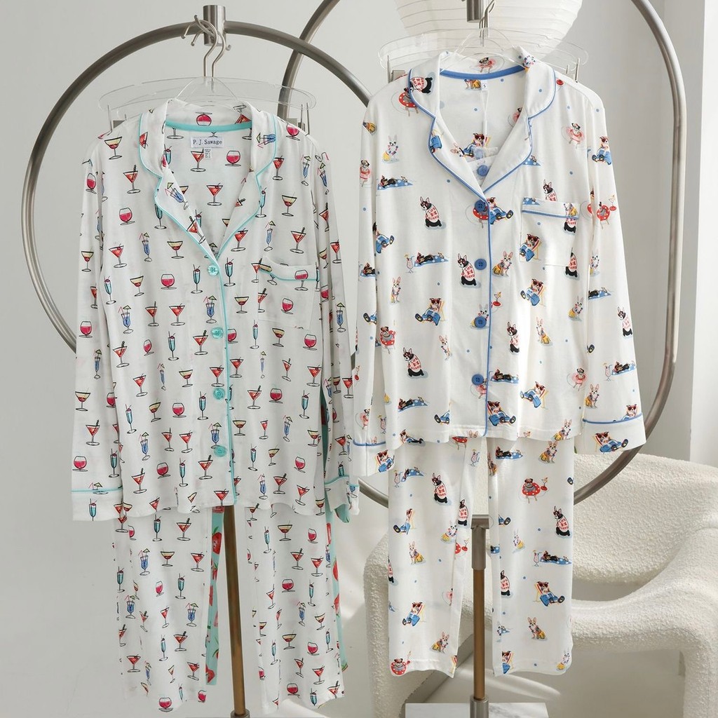 PJS กางเกงขายาวแขนยาวสำหรับสุภาพสตรี ทำจากคอตตอนและโมดัล พิมพ์สวยงาม ชุดนอนที่สวมใส่ง่าย