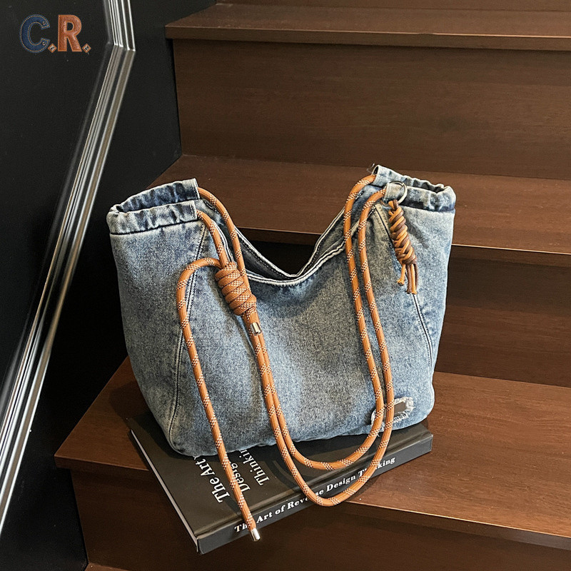 C.R.กระเป๋า Tote สไตล์เกาหลี | แฟชั่นมิกซ์แอนด์แมทช์ | เนื้อผ้าฝ้ายเดนิม | กระเป๋าใช้งานประจำวันความจุใหญ่สำหรับผู้หญิง