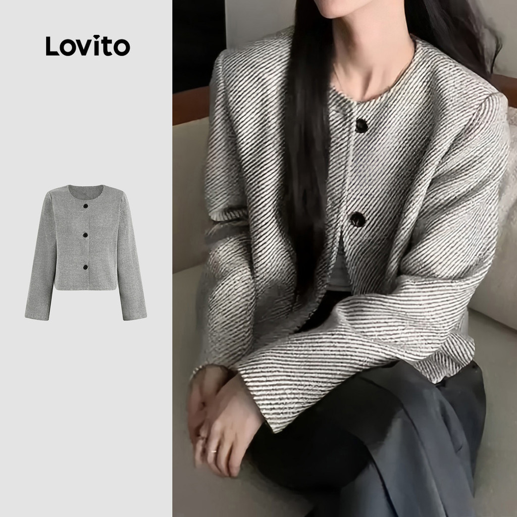 (NEW) Lovito เสื้อสูทสไตล์หรูหรา ลายปุ่ม ผ้าทอเนื้อเทากลางฤดูใบไม้ร่วง/ฤดูหนาว สำหรับผู้หญิง L156AD007