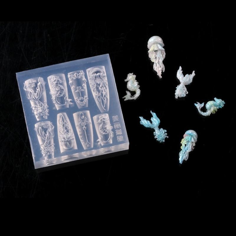 ทะเลปลาดาว Fishtail 3D ซิลิโคนเล็บแม่พิมพ์แมงกะพรุน Conch โปร่งใสแม่พิมพ์เล็บแกะสลักแม่แบบ DIY อุปกรณ์เสริม