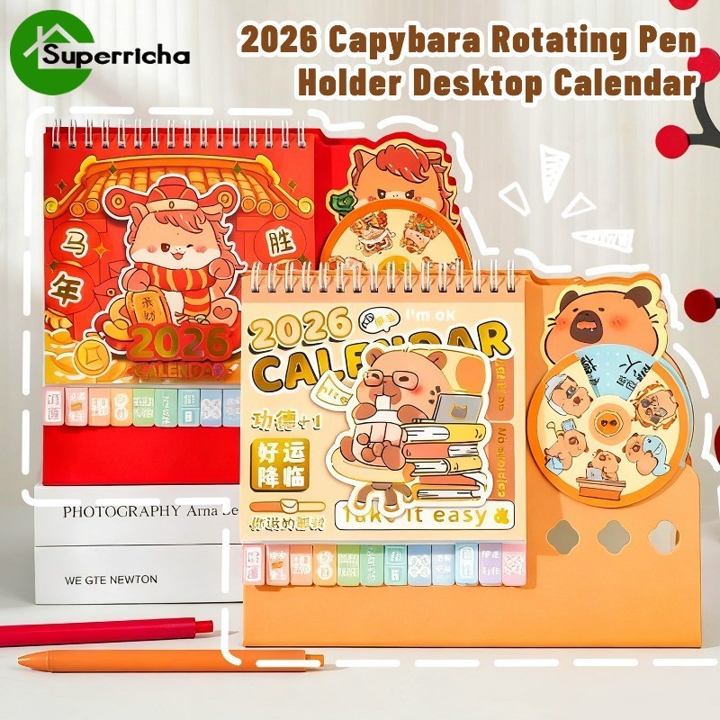 [ชม.&ล]คาพิบาระ 2026 ที่ใส่ปากกาหมุนปฏิทินตั้งโต๊ะ,การออกแบบกระดาษแข็งสีขาวมินิมอล,ตุลาคม 2025 ถึง ธ