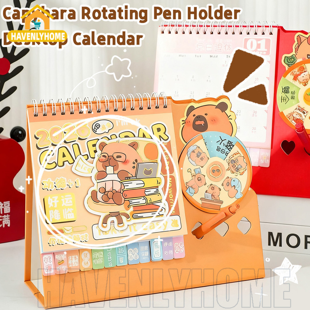 [ชม.&ล]ปฏิทินตั้งโต๊ะ 2026 พร้อมที่ใส่ปากกาหมุนได้ | คาปิบาระ 2025-นักวางแผน 2026 กระดาษแข็งสีขาว ดี