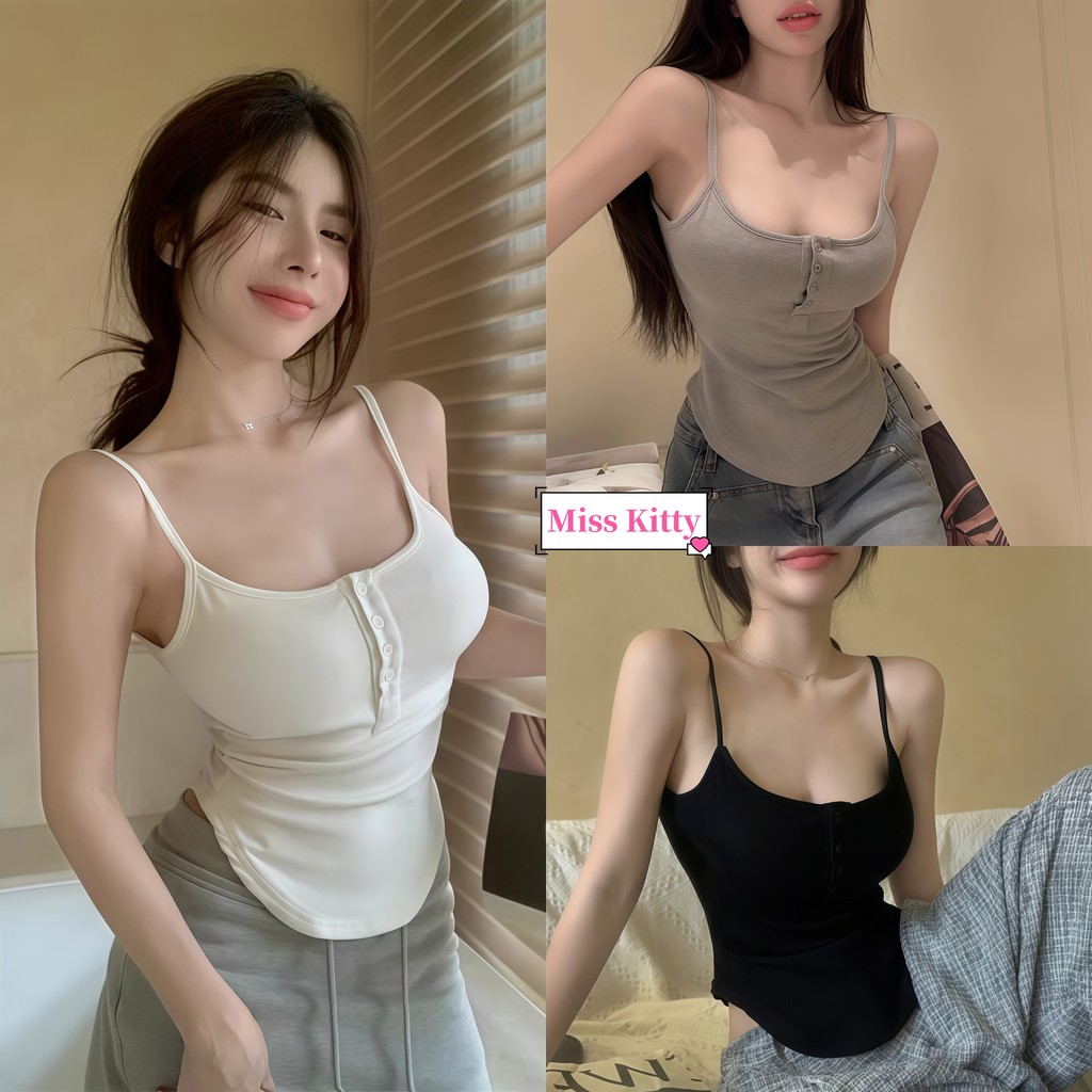Miss Kitty สไตล์เกาหลี พร้อมส่ง เสื้อสายเดี่ยว มีฟองน้ำ ดีเทลกระดุม4เม็ด เซ็กซี่เบาๆ "FY229" -H